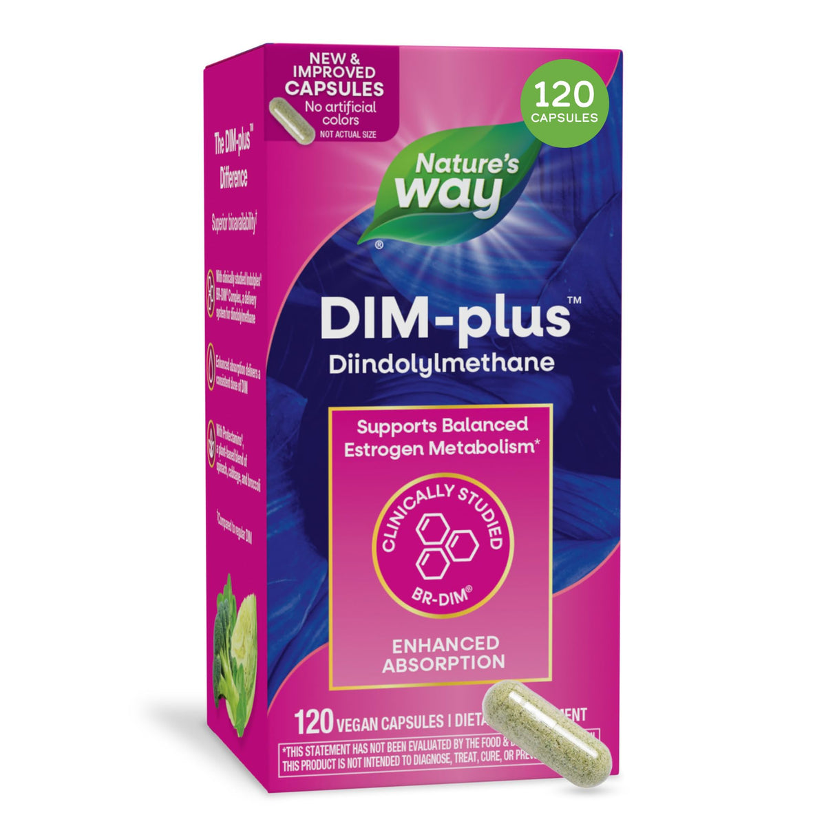 Nature's Way envase frontal claro que muestra la fórmula BR-DIM y beneficio de equilibrio hormonal