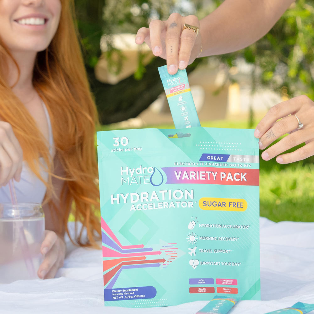 NatureWorks HydroMATE sticks packed in travel bag, portable hydration solution