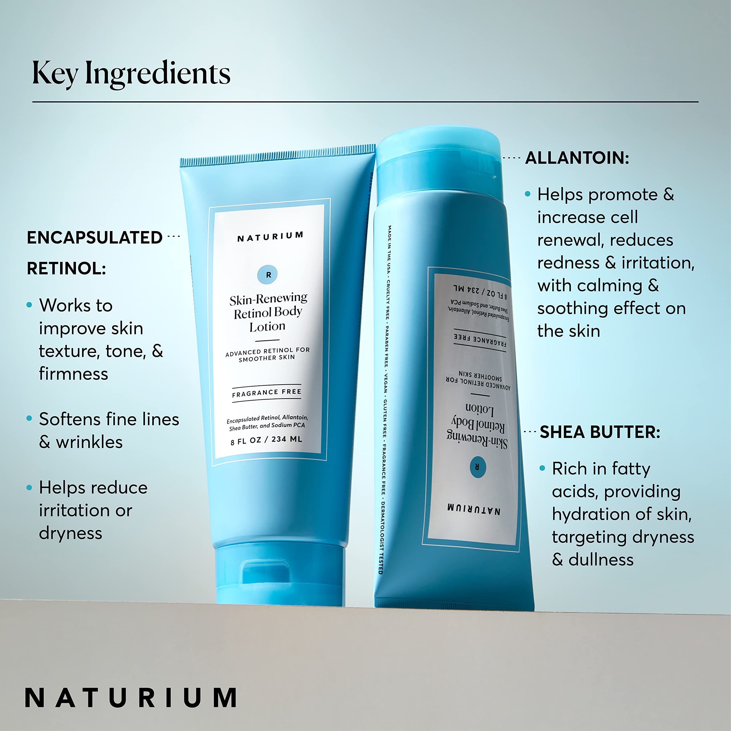 Naturium botella junto a una mano para comparar tamaño de 8 fl oz y portabilidad