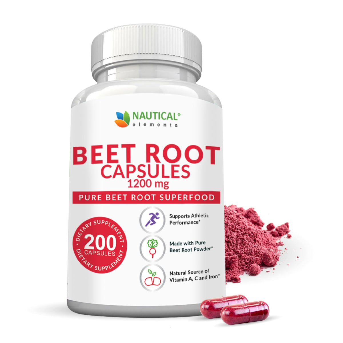 Nautical Elements bottle front view showing 200 beet root capsules and clear labeling benefit