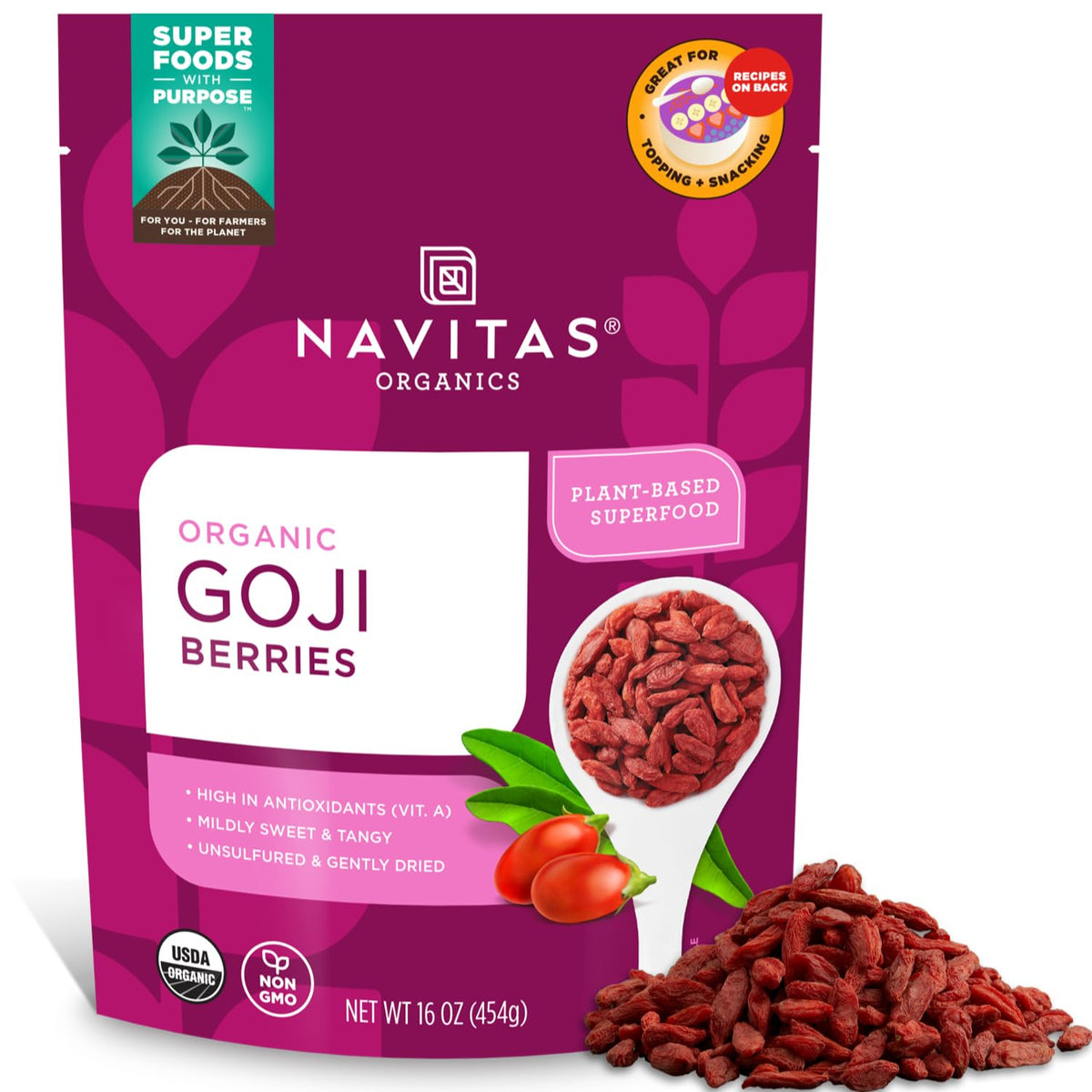 Navitas Organics embalaje frontal de bayas de goji mostrando sello orgánico y tamaño