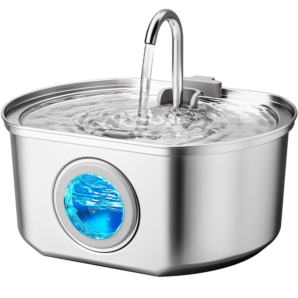 Neareal front view of stainless steel cat fountain showing sleek design and durability