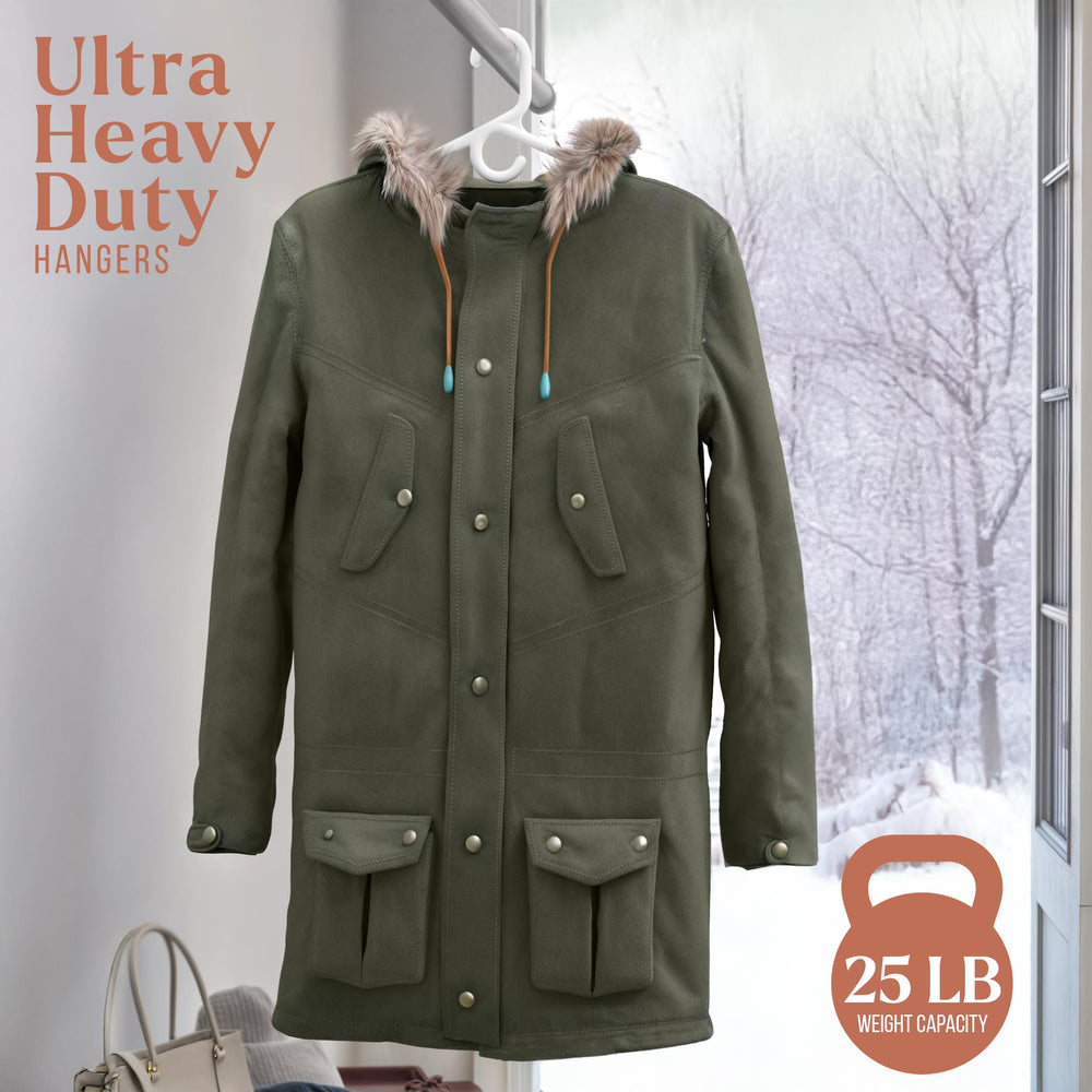 NEATERIZE percha en uso sosteniendo chaqueta pesada sin deformar
