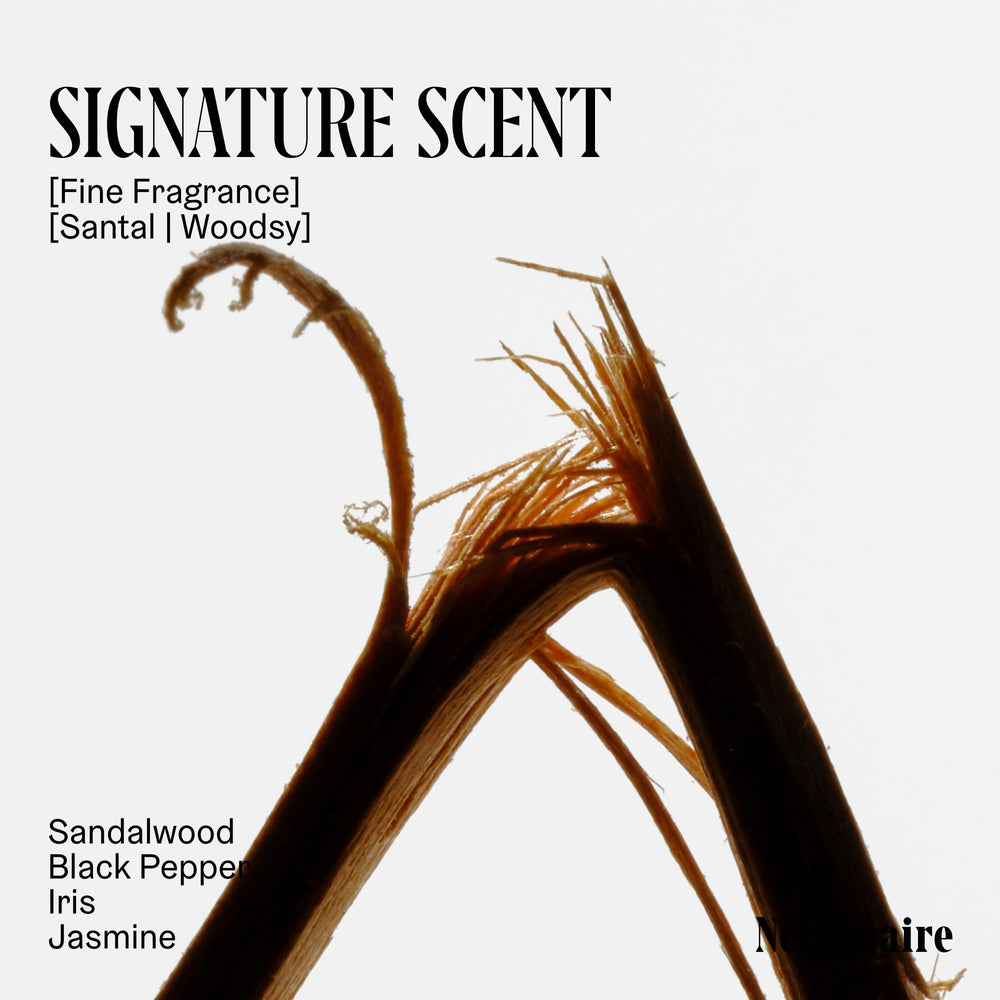 Nécessaire etiqueta del envase Santal con ingredientes clave visibles y confianza