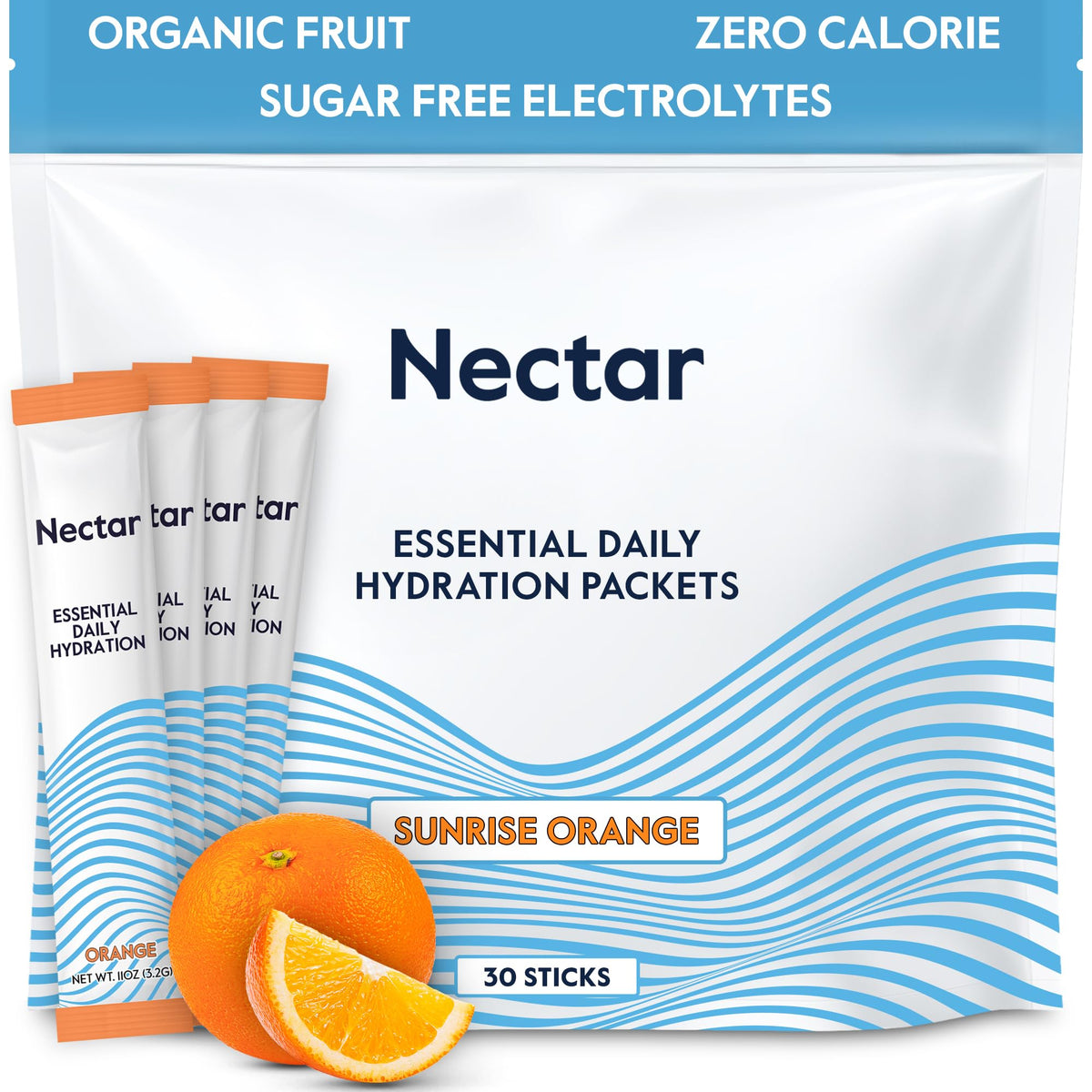 Nectar frente del paquete naranja mostrando 30 sobres y beneficios claros