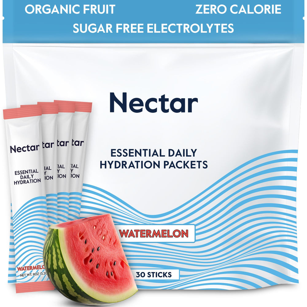 Nectar empaque frontal mostrando sobres y beneficio de hidratación rápida