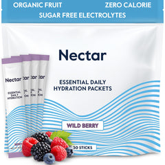 Nectar sobre frontal Berry mostrando paquete y beneficio hidratación rápida