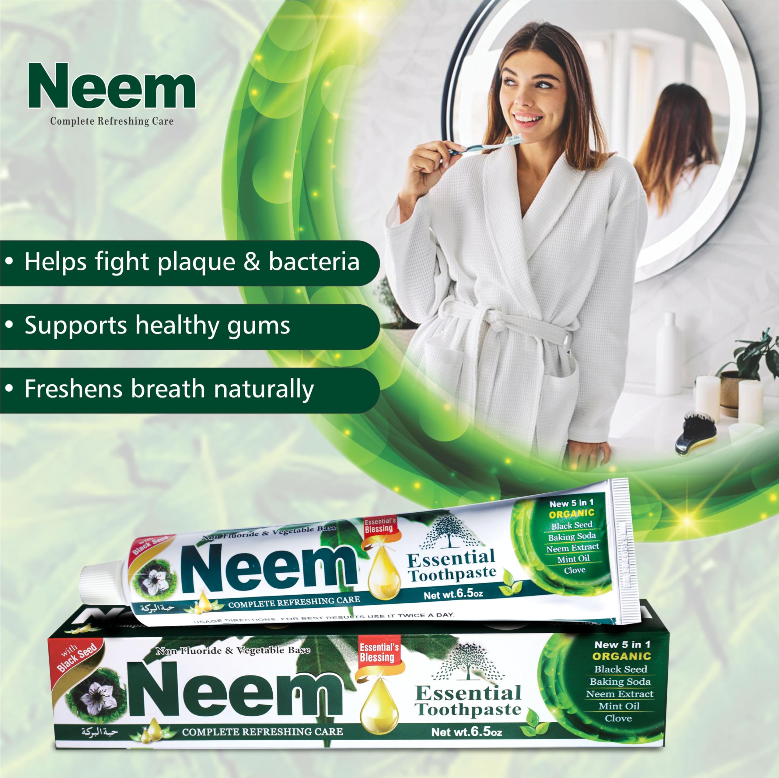 NEEM Essential Toothpaste etiqueta con lista de ingredientes destacando neem natural