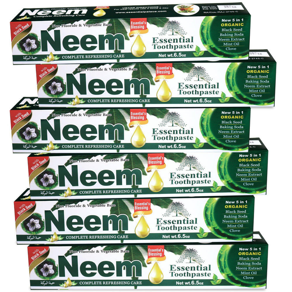 NEEM Essential Toothpaste vista frontal del pack de seis para almacenamiento conveniente