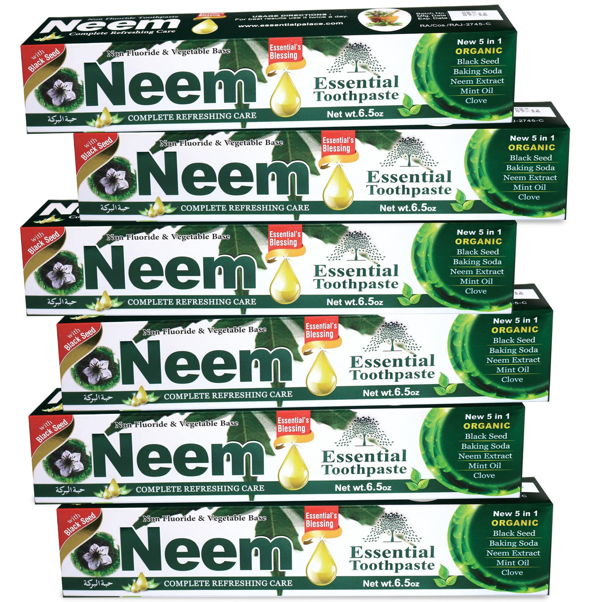 NEEM Essential Toothpaste vista frontal del pack de seis para almacenamiento conveniente