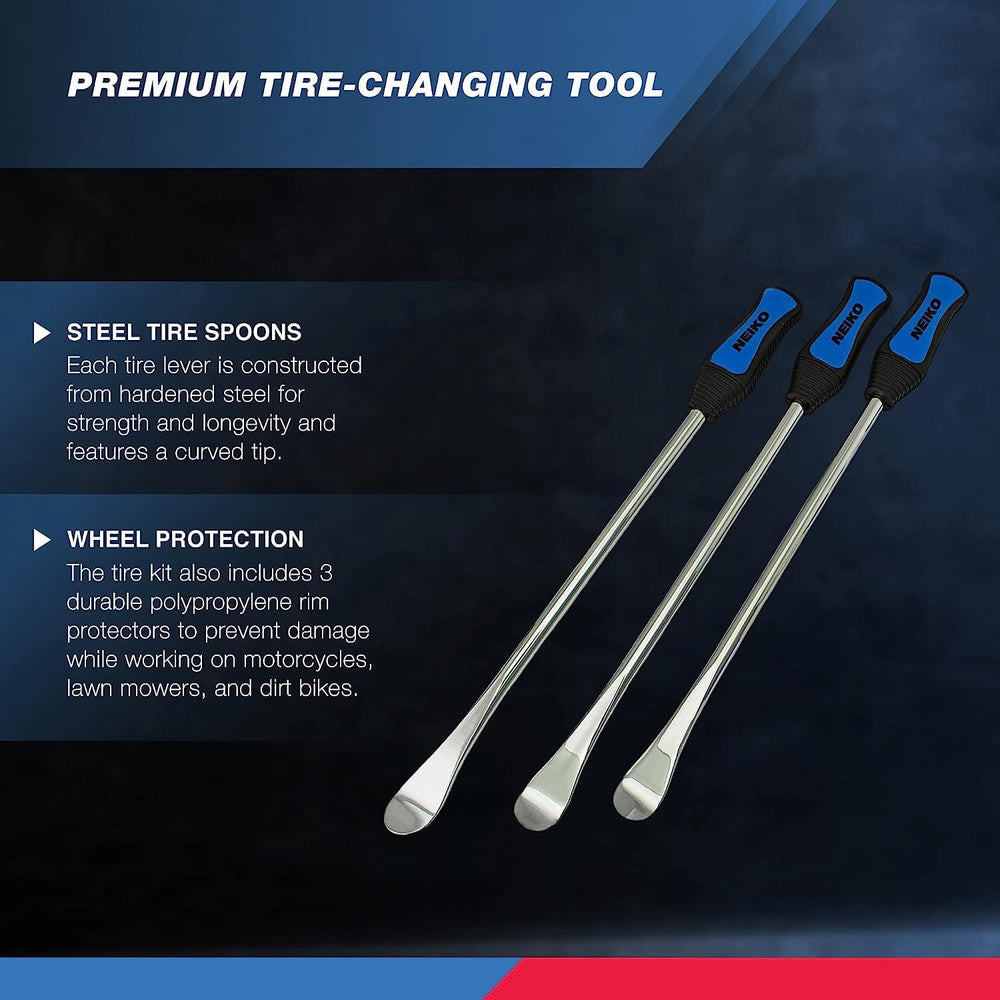NEIKO tire spoon curved tip close-up highlighting hardened steel strength and leverage