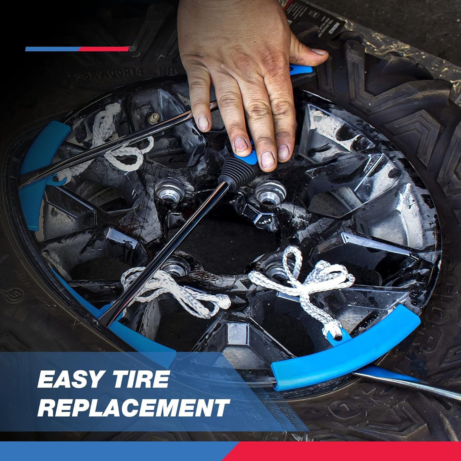 NEIKO tools prying a motorcycle tire demonstrating safe rim protection and power