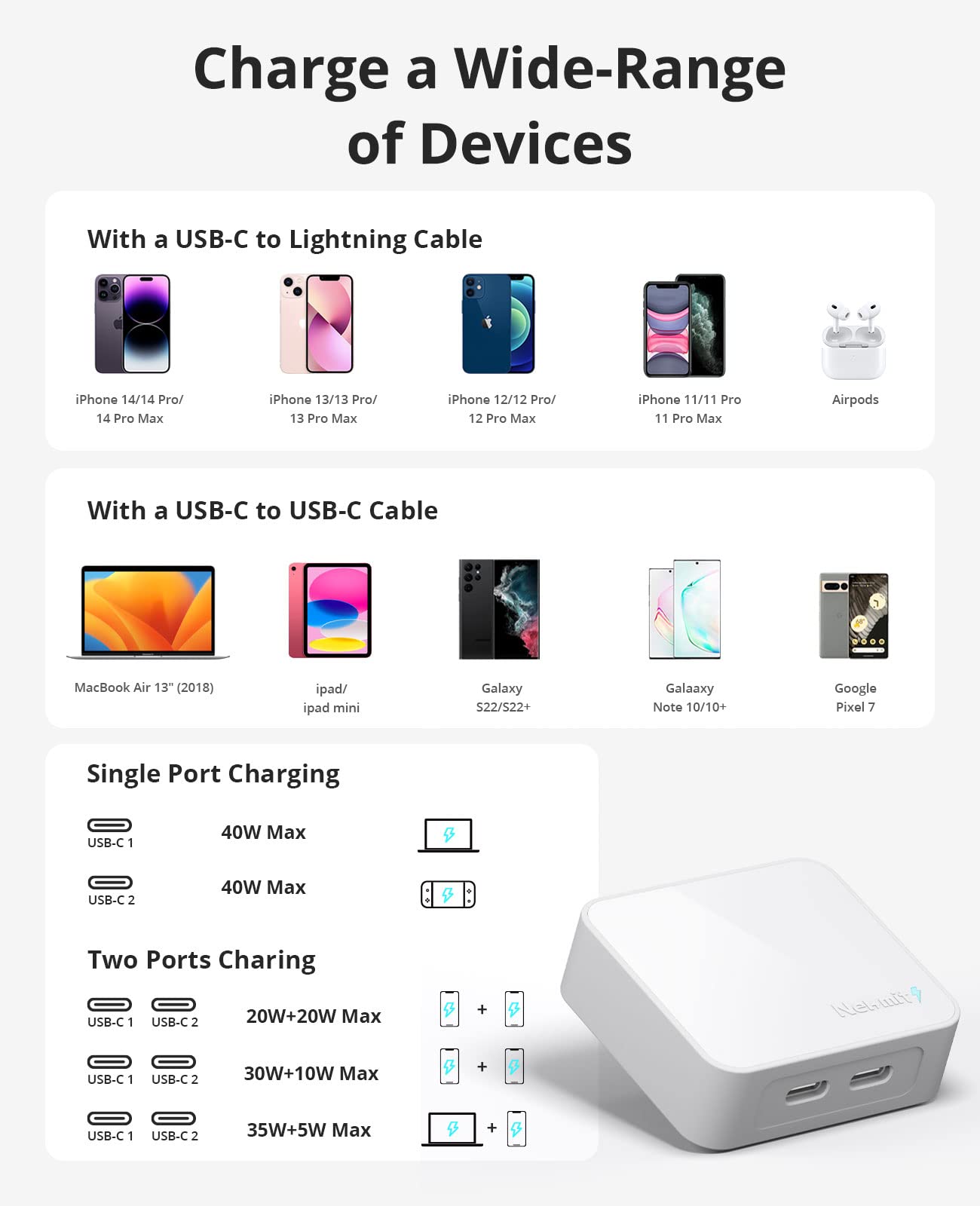 Nekmit caja abierta con etiqueta de especificaciones y compatibilidad visible