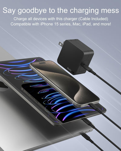 Nekteck charger with foldable plug folded down for easy packing and safe transport