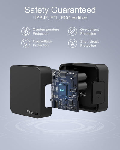 Nekteck charger beside laptop and phone in travel bag to show on-the-go utility