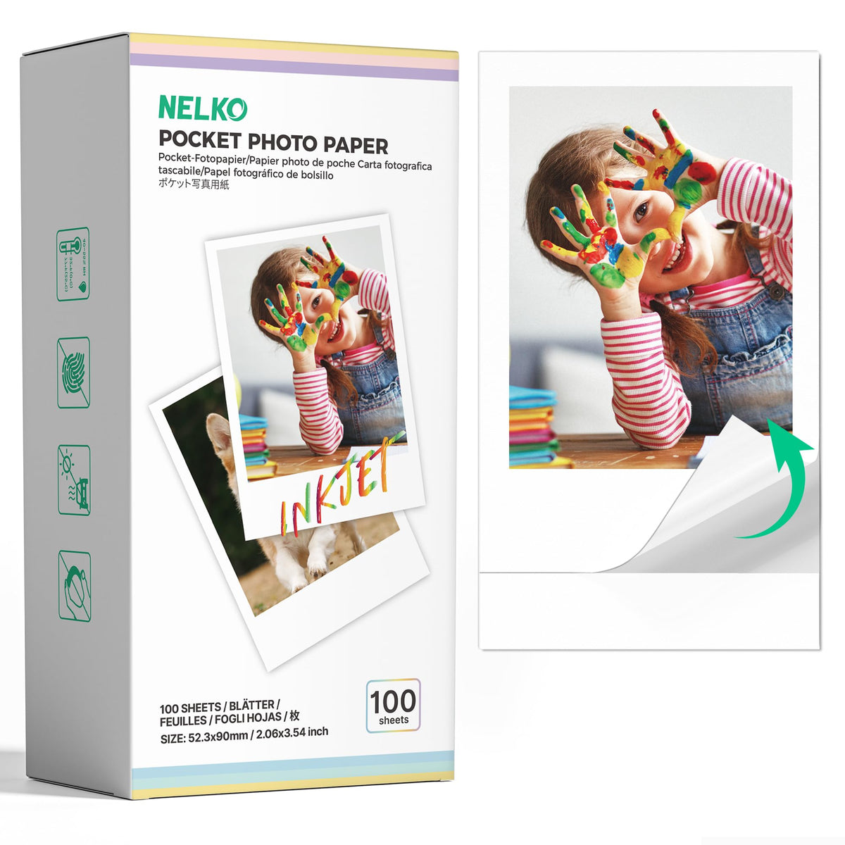 Nelko paquete frontal de 100 hojas mostrando diseño y cantidad, práctico