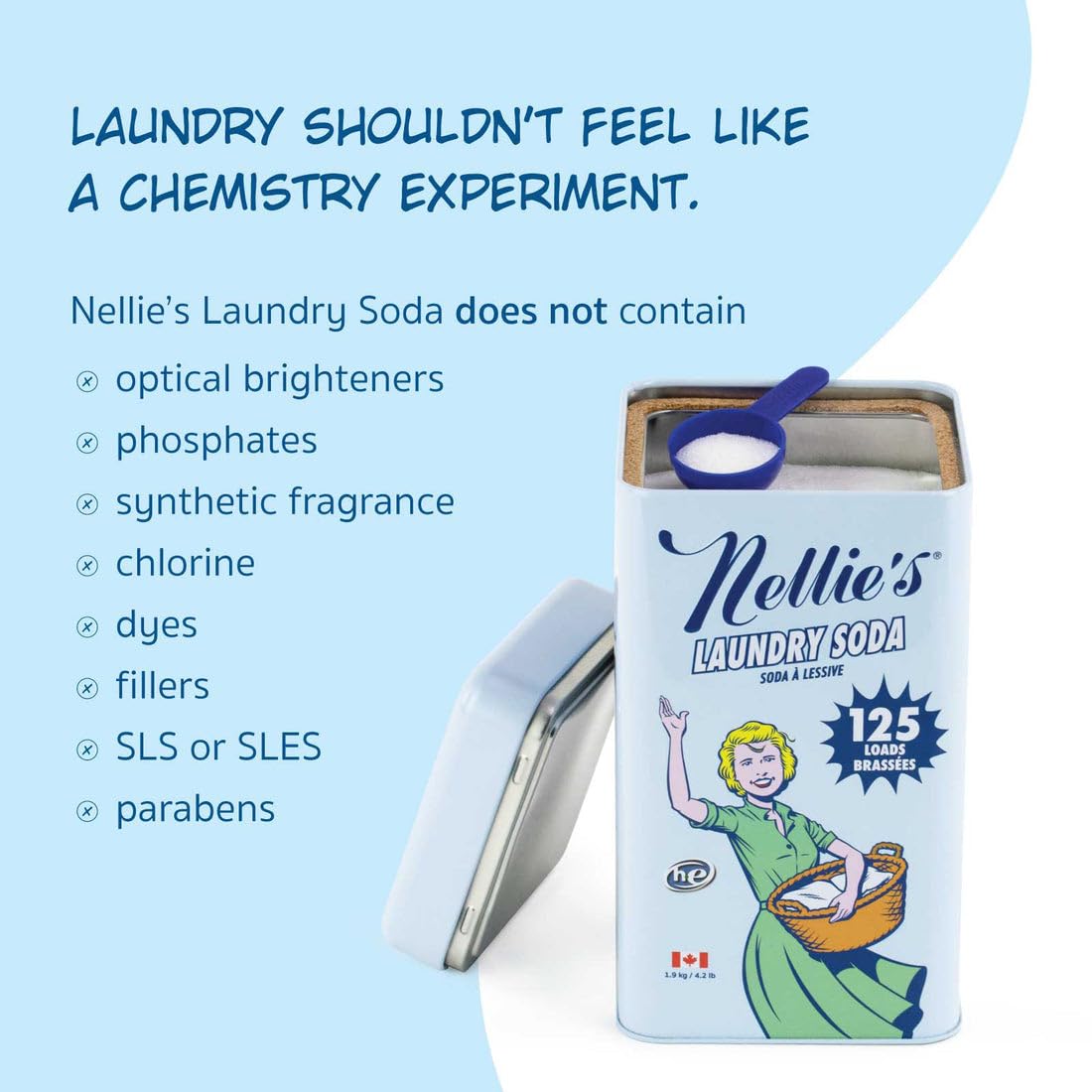 Nellie's label close-up emphasizing 125-load value and less waste