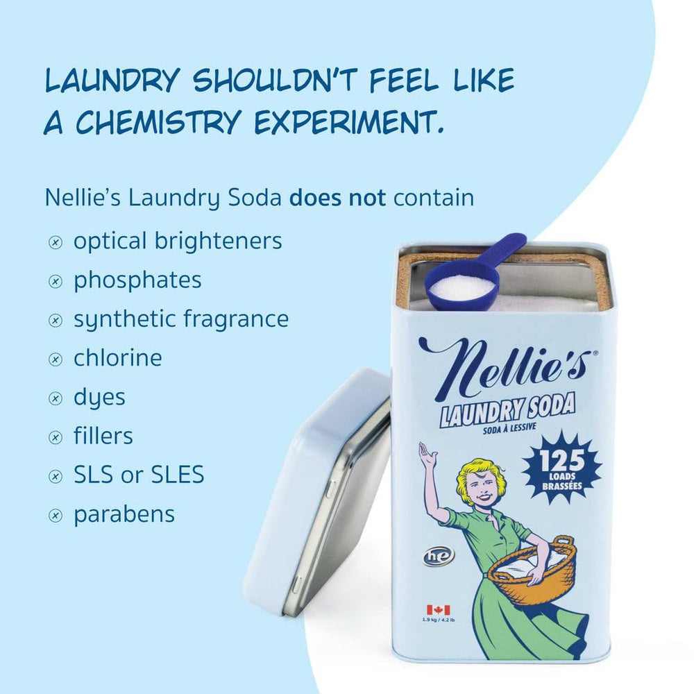 Nellie's label close-up emphasizing 125-load value and less waste