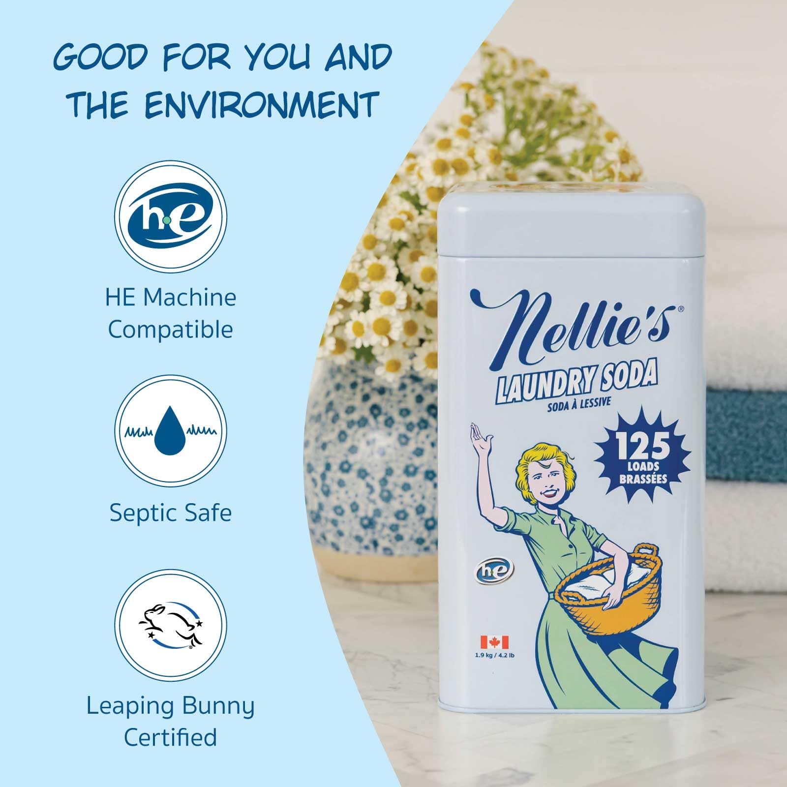 Nellie's next to HE washer indicating compatibility and low-suds benefit