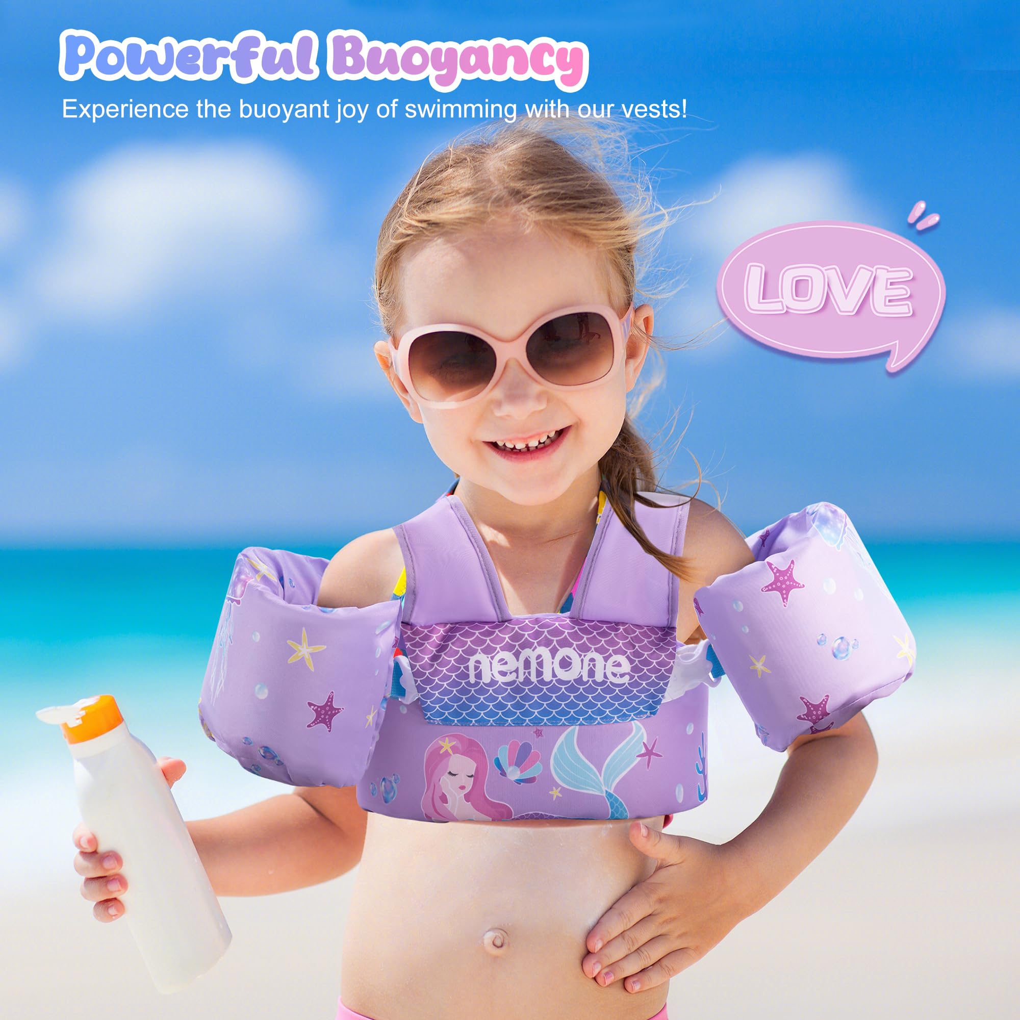 NEMONE chaleco en playa con familia, promoción de juego acuático seguro