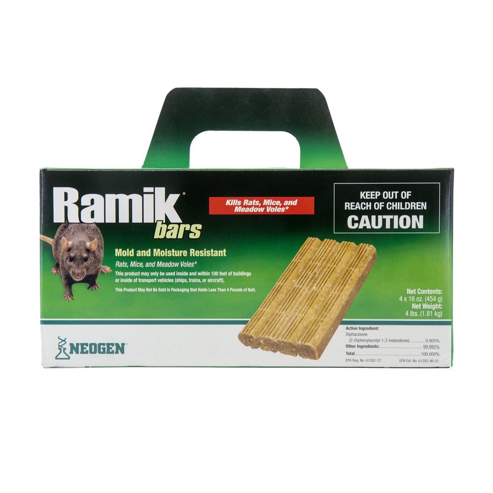Neogen Ramik Bars empaque frontal que muestra 4 barras y protege el cebo