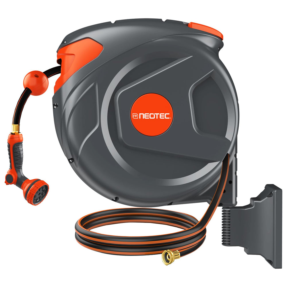 NEOTEC front view of wall-mounted reel showing tidy outdoor storage benefit