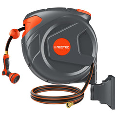 NEOTEC front view of wall-mounted reel showing tidy outdoor storage benefit