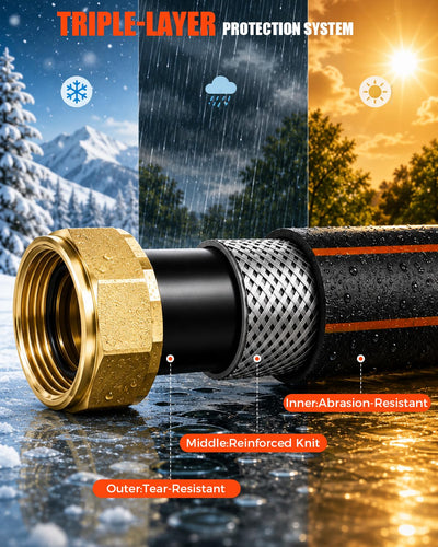 NEOTEC hose beside tape measure showing scale and 100ft reach benefit