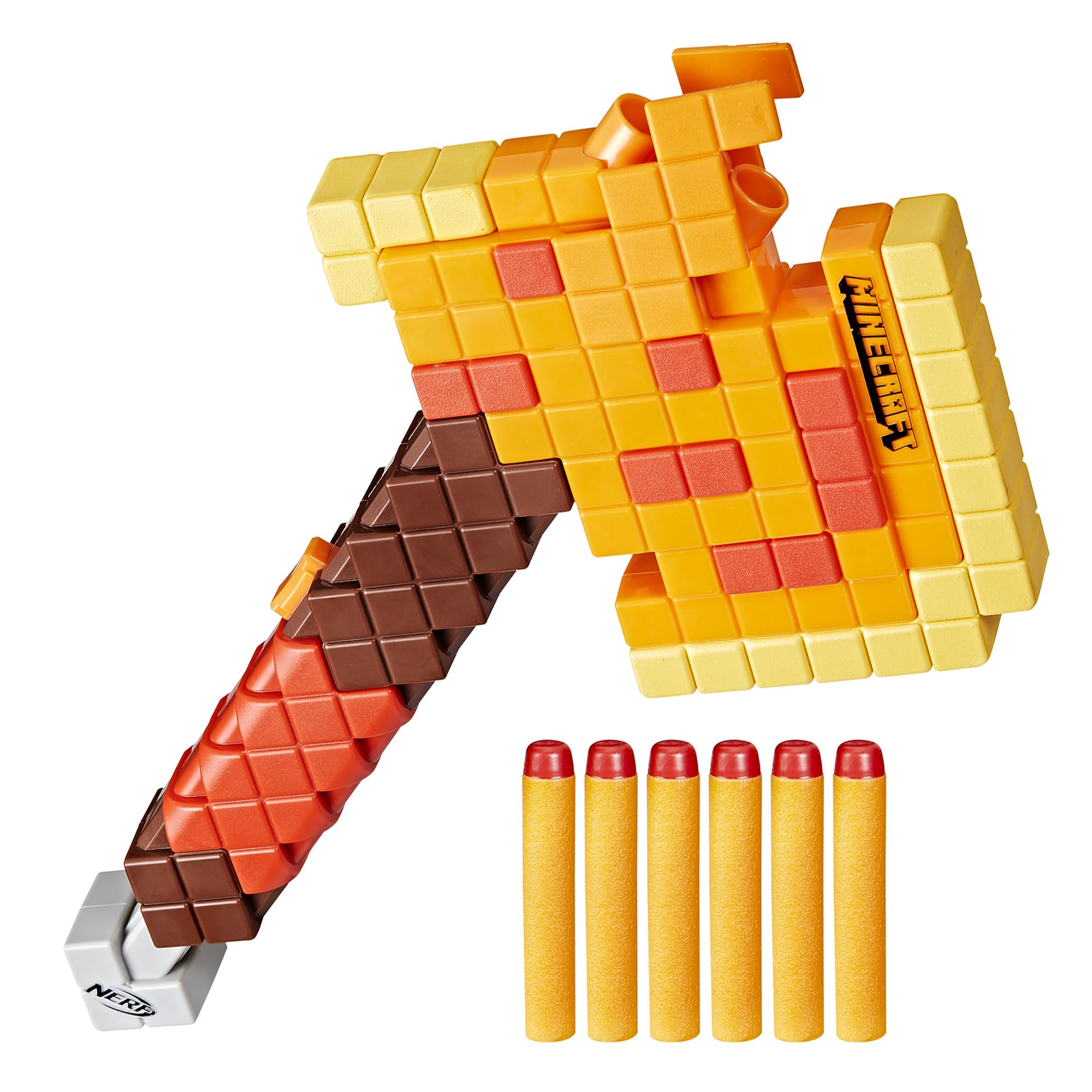 NERF Firebrand vista frontal mostrando diseño Minecraft y forma de hacha