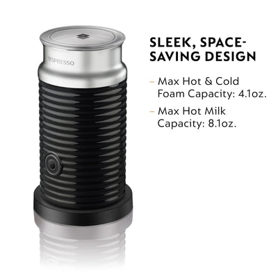 Nespresso Aeroccino 3 beside measuring cup showing capacity benefit: clear portion sizes