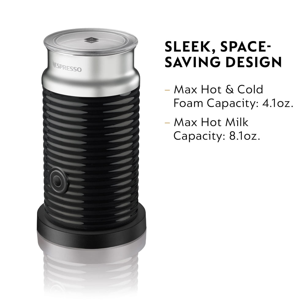 Nespresso Aeroccino 3 beside measuring cup showing capacity benefit: clear portion sizes