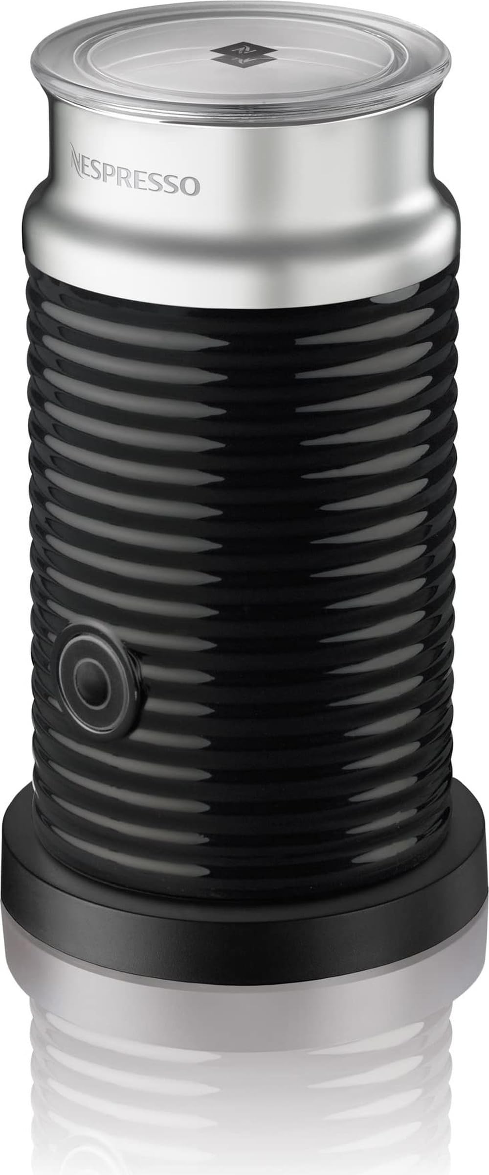 Nespresso Aeroccino 3 front view showing sleek black design and compact base benefit: saves countertop space