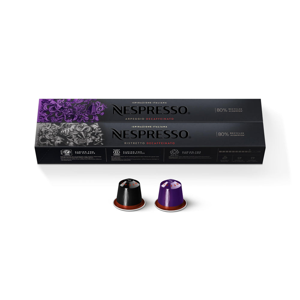 Nespresso Arpeggio Decaffeinato, detalle de cápsula y textura, sabor intenso