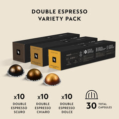 Nespresso double espresso pouring from Vertuo machine into cup with crema benefit