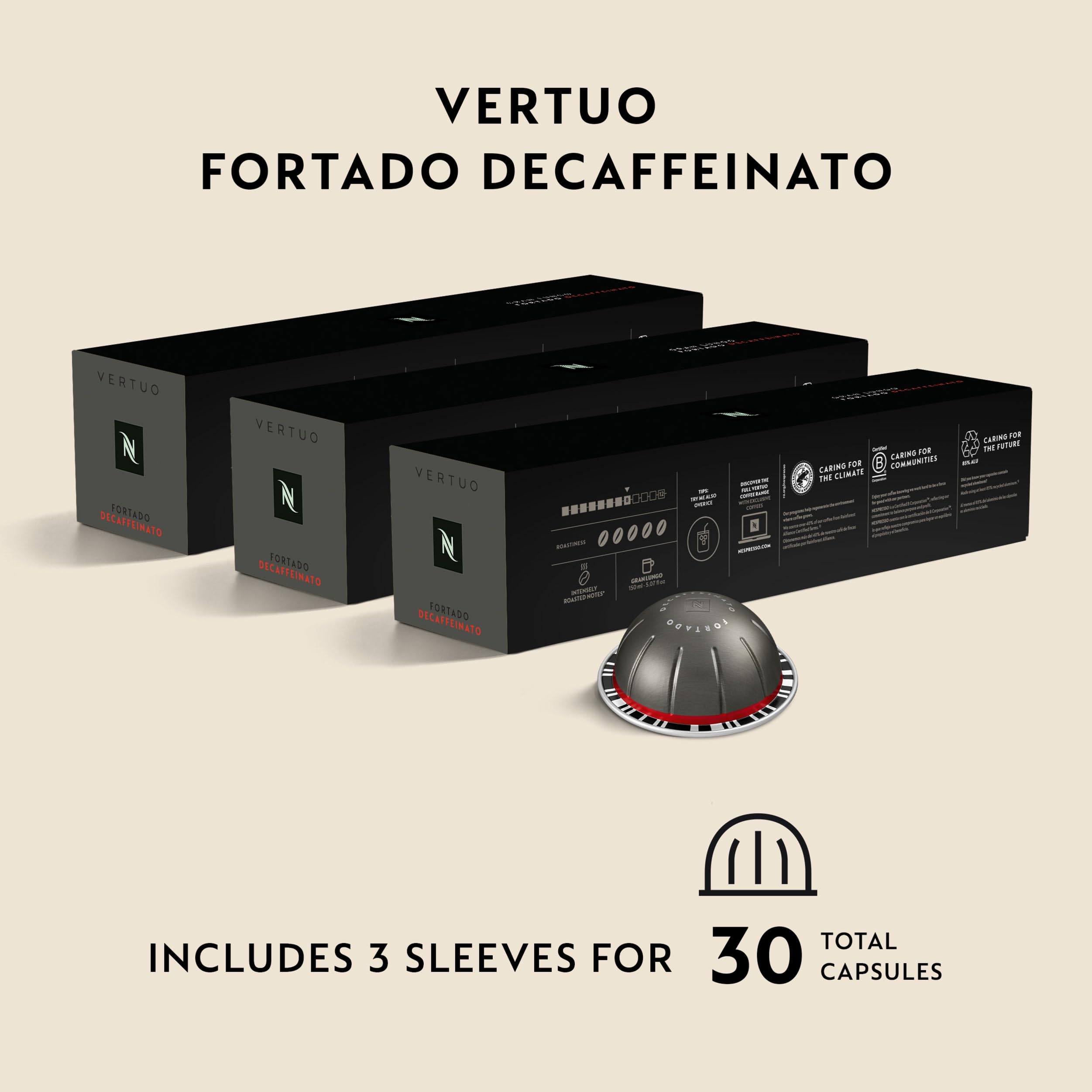 Nespresso Fortado Decaffeinato servido en taza Gran Lungo destacando notas a cacao