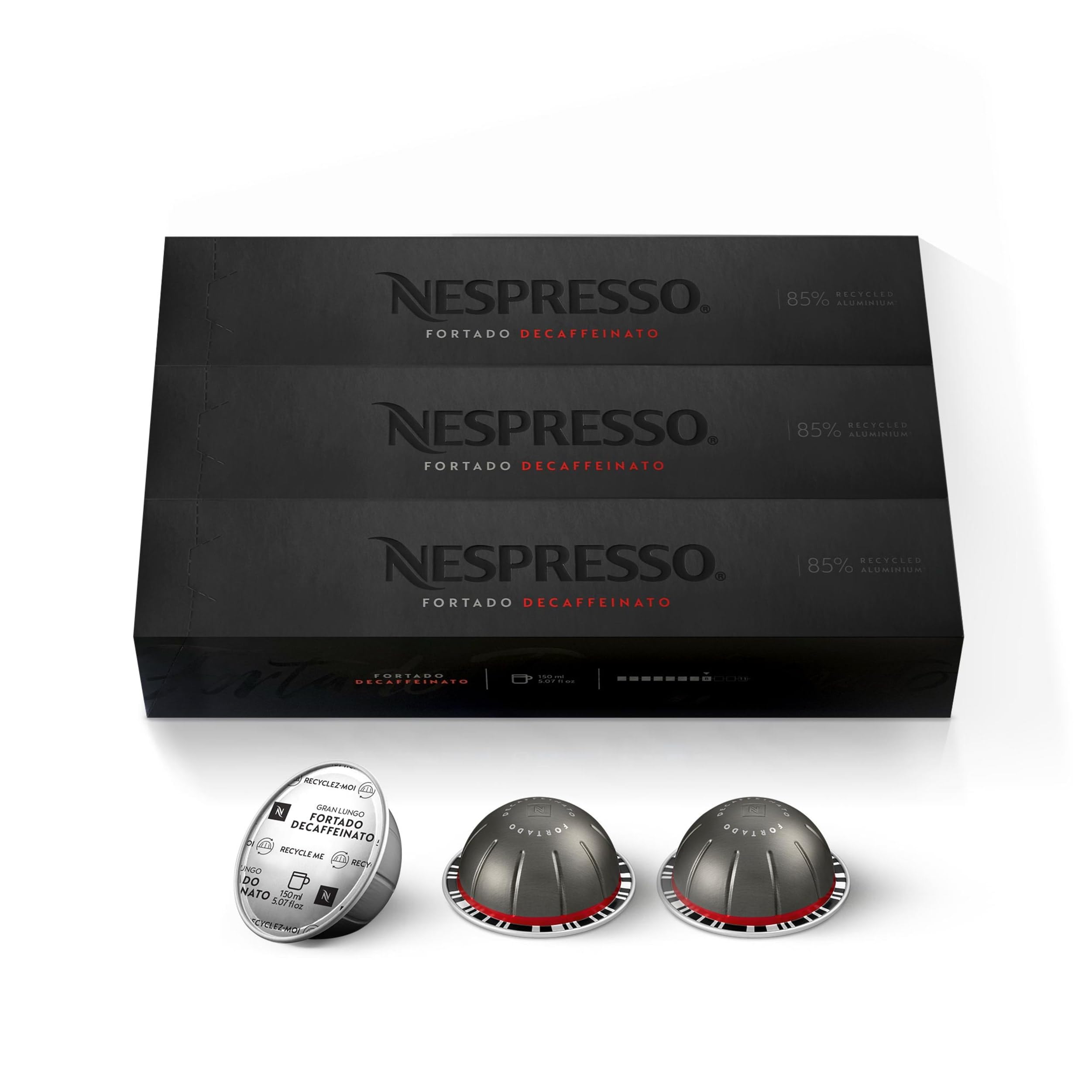 Nespresso Fortado Decaffeinato cápsula de aluminio en primer plano que conserva aroma