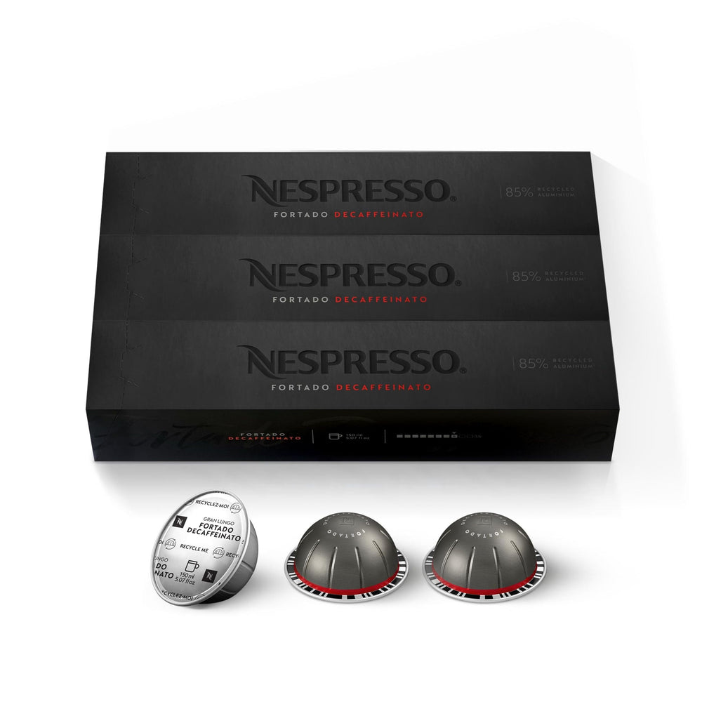 Nespresso Fortado Decaffeinato cápsula de aluminio en primer plano que conserva aroma