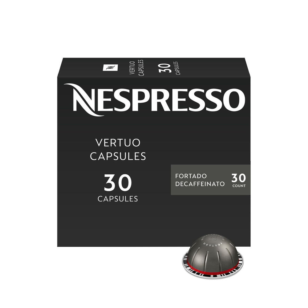 Nespresso Fortado Decaffeinato empaque frontal mostrando 30 cápsulas y beneficio de frescura