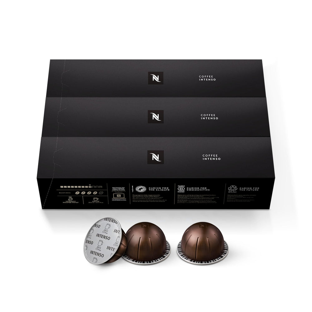 Nespresso Intenso capsule close-up highlighting pod design and freshness benefit