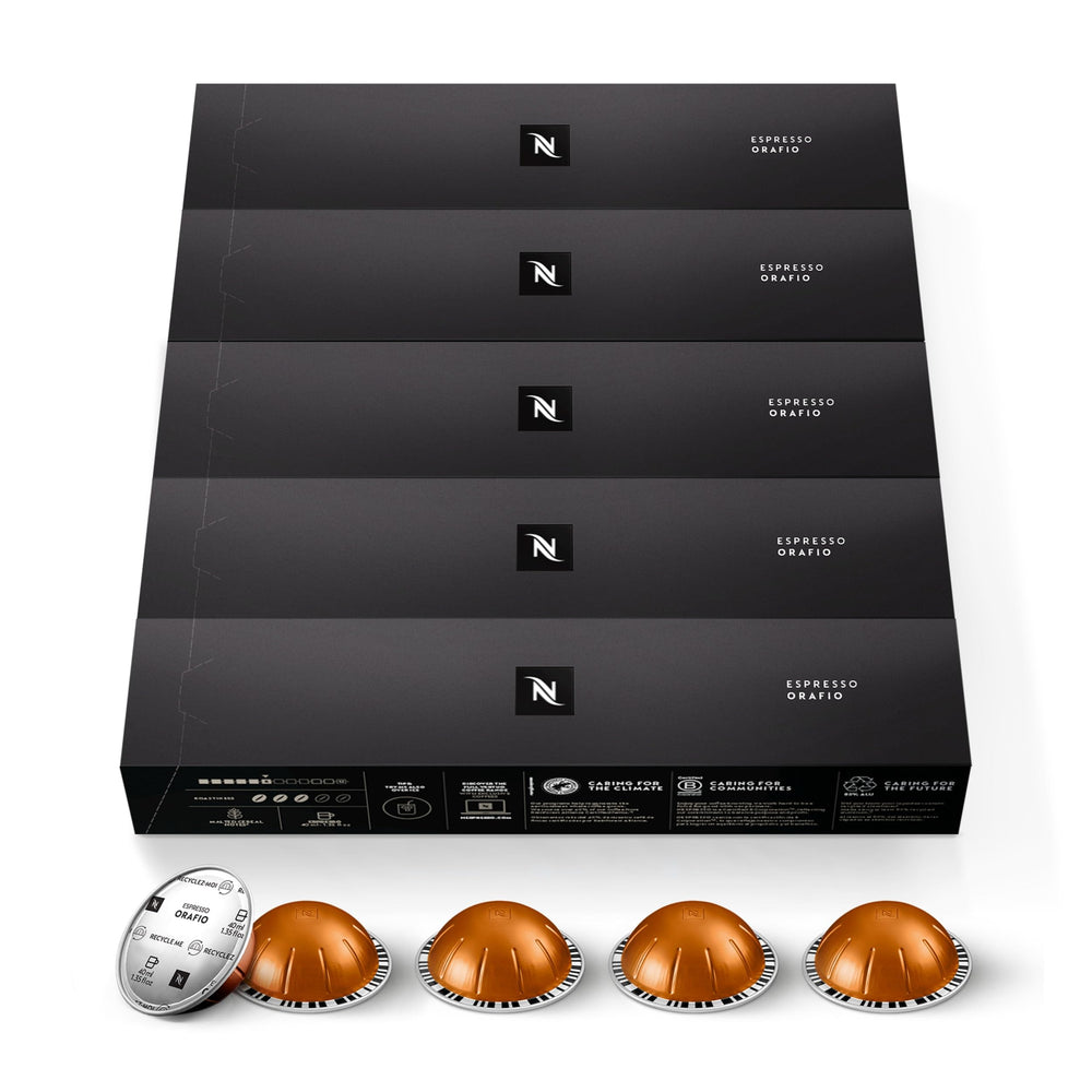 Close-up of a Nespresso Orafio capsule highlighting aluminum finish and detail