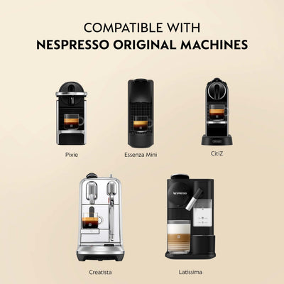 Fresh espresso shot pouring from machine with Nespresso Roma capsule, highlighting rich crema