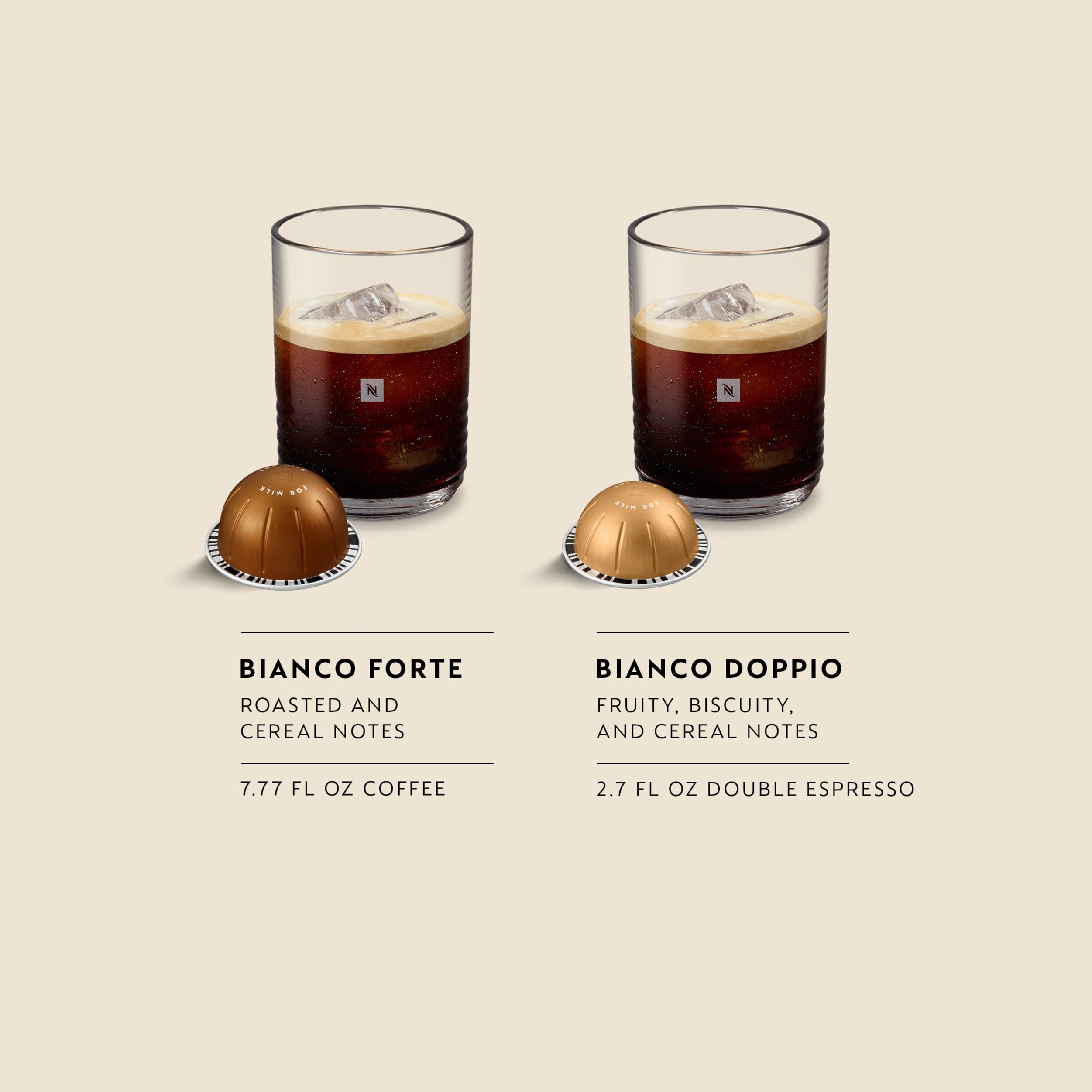 Nespresso Bianco Doppio capsule close-up highlighting smooth crema and milk synergy