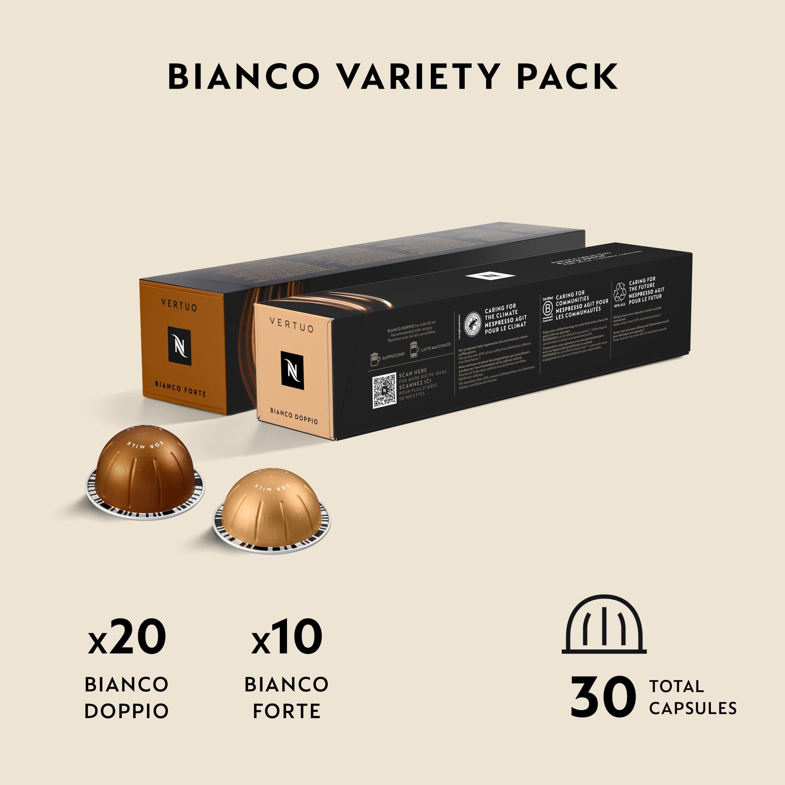 Nespresso Bianco Forte capsule close-up showing bold roast notes that pierce milk