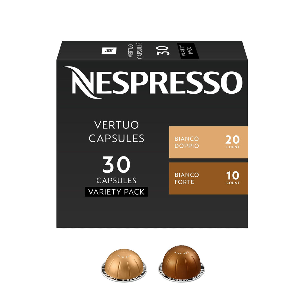 Nespresso Vertuo front packaging showing 30-count Bianco variety and convenience