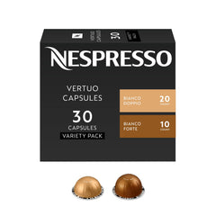Nespresso Vertuo front packaging showing 30-count Bianco variety and convenience