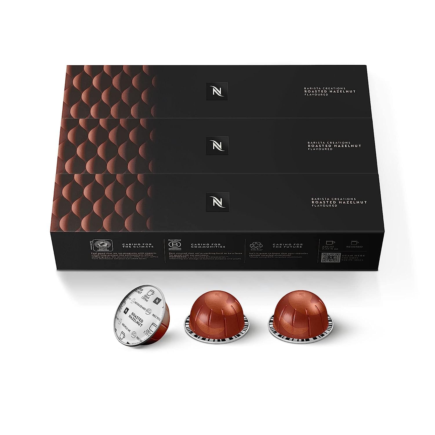 Nespresso caja frontal mostrando 30 cápsulas y sabor avellana para disfrute inmediato