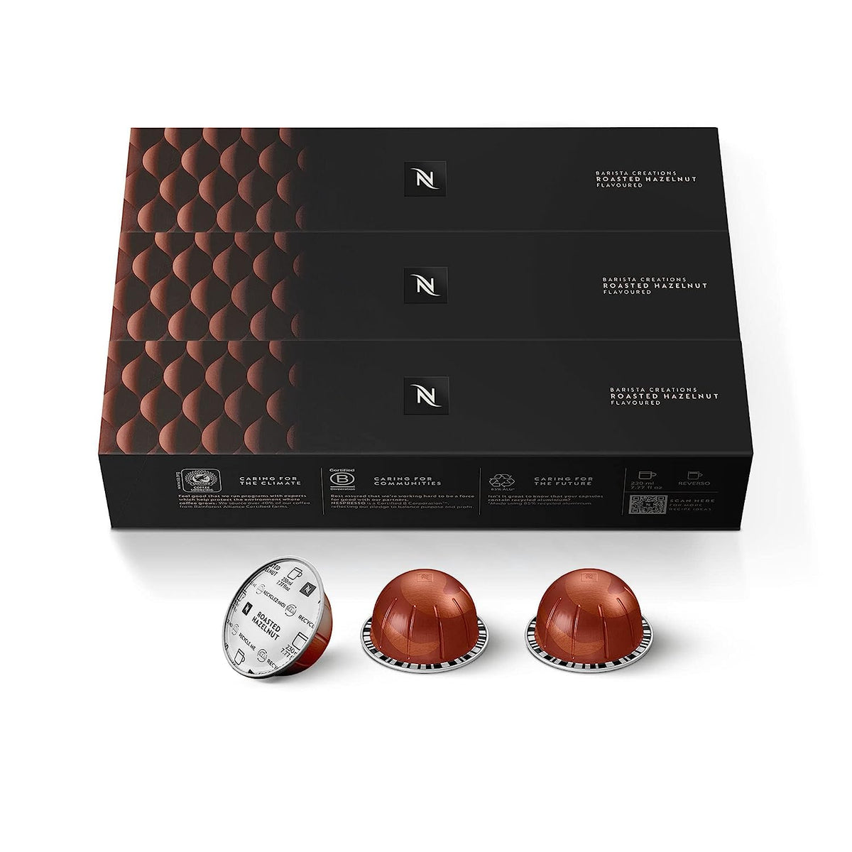 Nespresso caja frontal mostrando 30 cápsulas y sabor avellana para disfrute inmediato