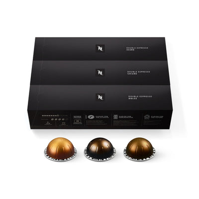 Nespresso Vertuo capsules lined up highlighting three blend colors and choice