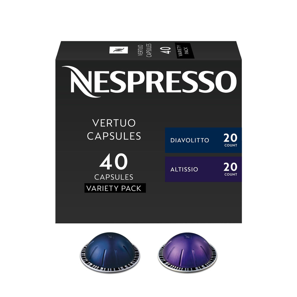 Nespresso Vertuo front packaging showing the 40-count variety pack benefit