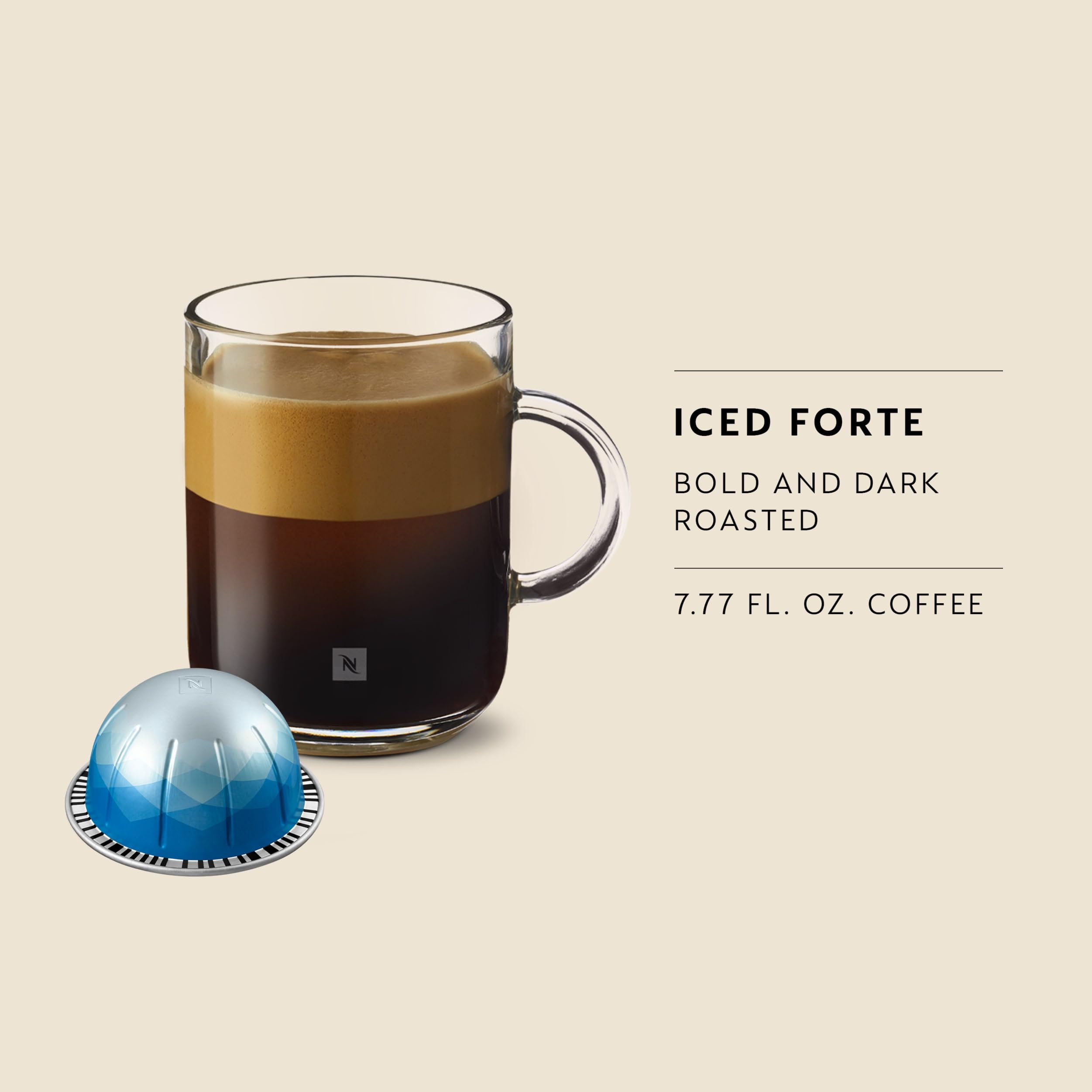 Nespresso Vertuo Ice Forte café servido sobre hielo realzando notas intensas